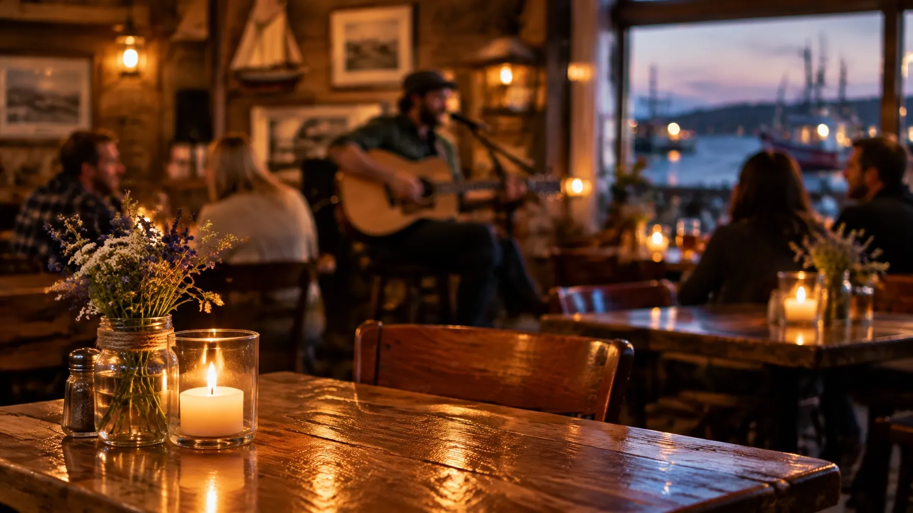 Live acoustic music in a warmly lit neighborhood pub