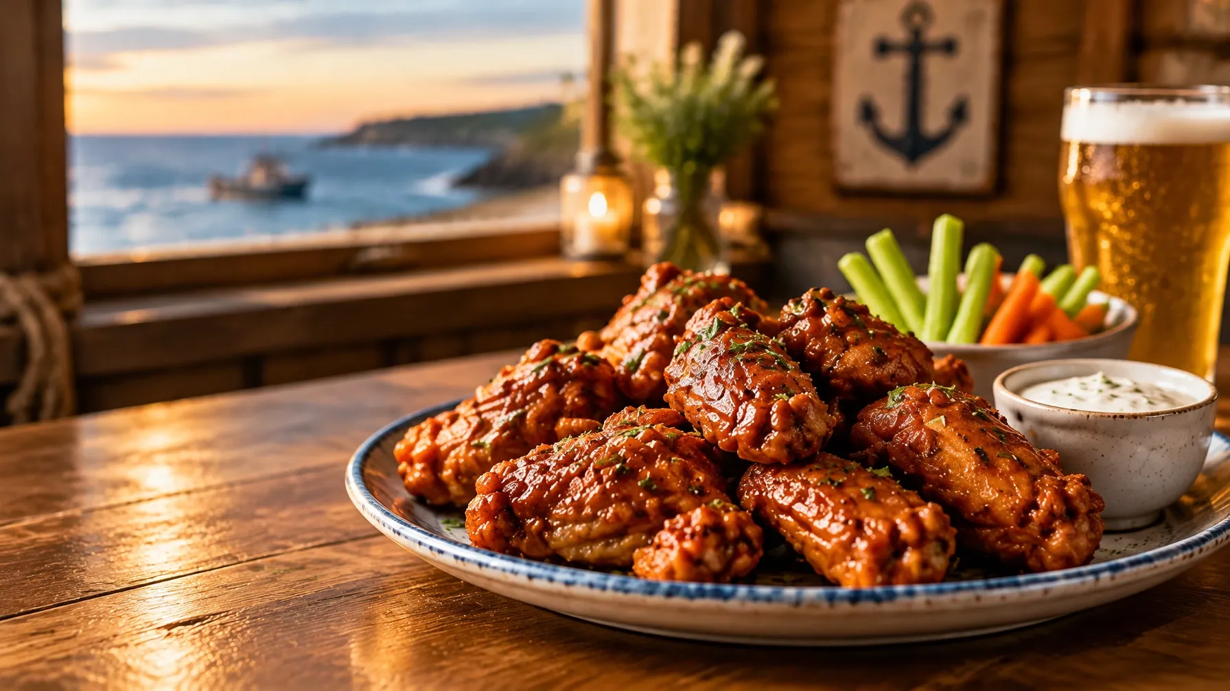 A plate of wings served at a cozy pub table